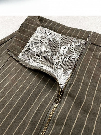 アクセントストライプレースフリルファッションコントラストカスケーディングミラードアーミーグリーンパッチパターンスカート