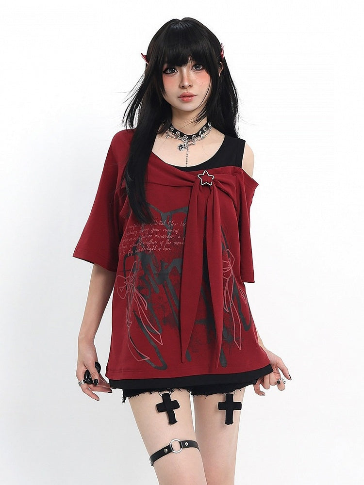 Cutout Shoulder Tee with Bow Print in Red - Catwish