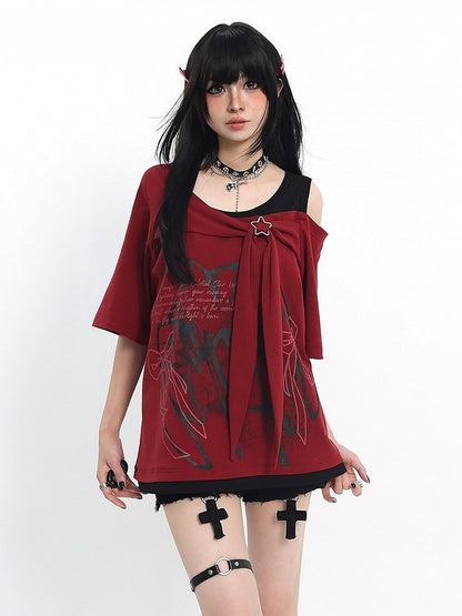 Cutout Shoulder Tee with Bow Print in Red - Catwish