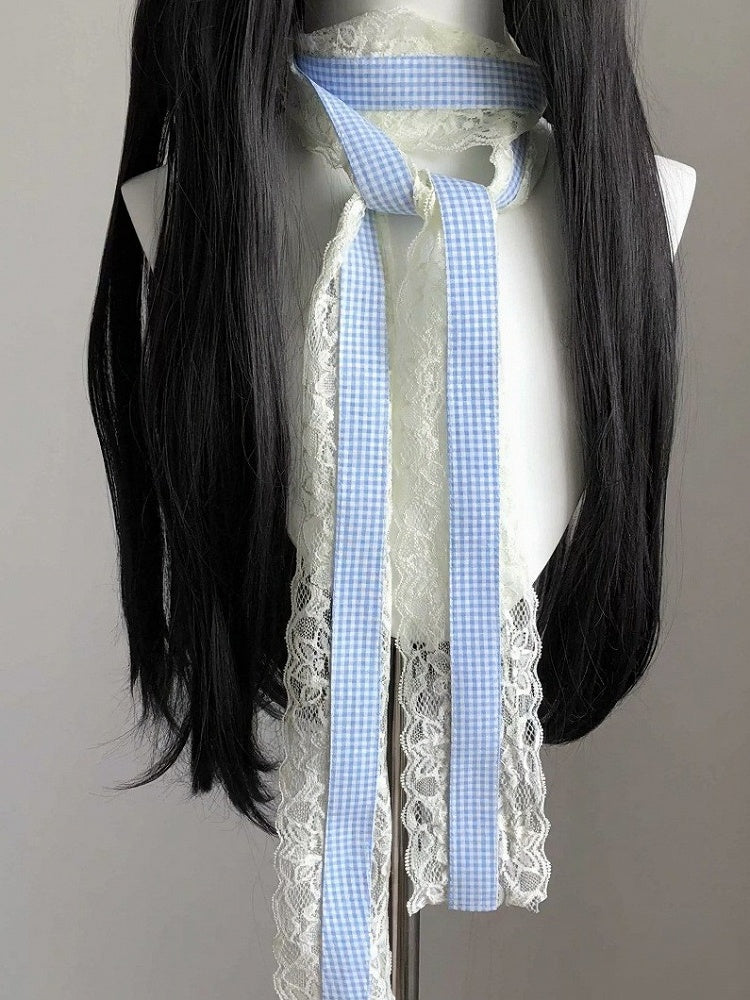 Blue Plaid Scarf with Lace Trim - freetrader