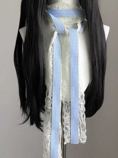 Blue Plaid Scarf with Lace Trim - freetrader