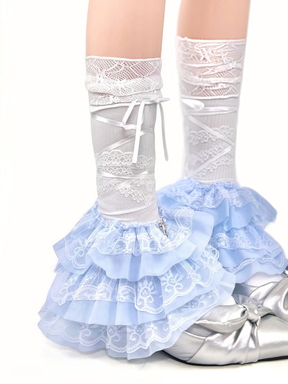 with Leg Straps Bow and White/Blue/Black Charms Ruffle Multi-Layer Warmers Lace