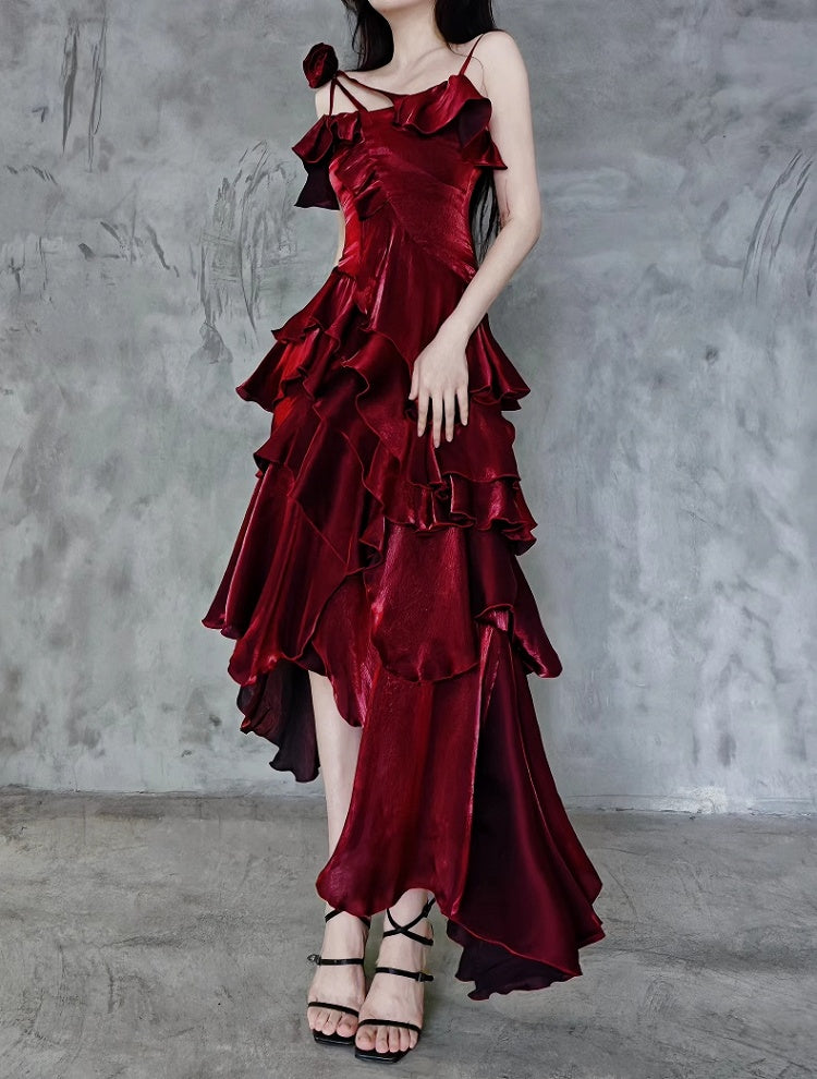 Evening Gown Red Shimmer Flounce Spaghetti Strap Prom - Eas Candy