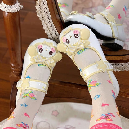 with Cute Toe - Heels Rabbit Lolita Accents Low Design for Strap Light Round Yellow Flower Details Bow