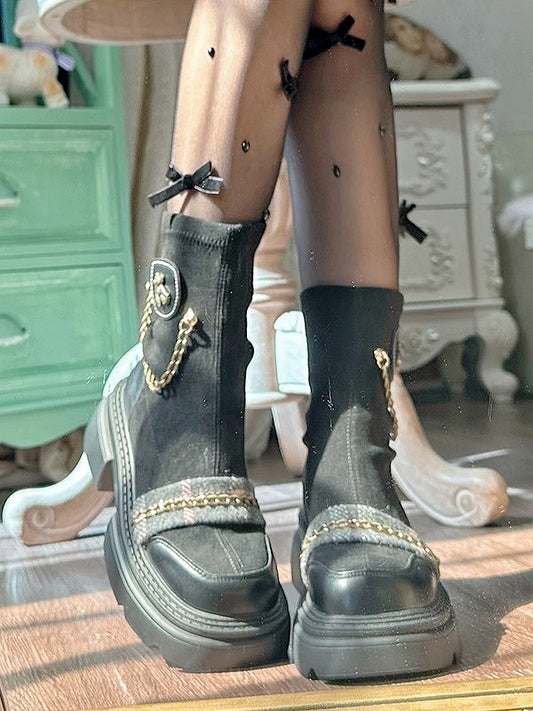 Preppy with Decorative Black Style PU Mid-heel Platform Leather Chains Boots