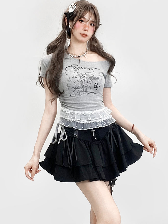 レースプリントの華やかなレターネックラインのリボン、非対称、グレー