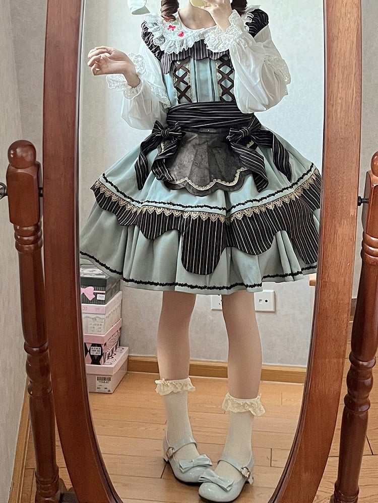Bow Green Mint Chocolate Neckline Dress with Striped Details Lolita Square Sweet