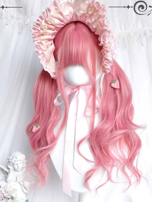 前髪65cm、ピンクのウェーブウィッグ付きロング