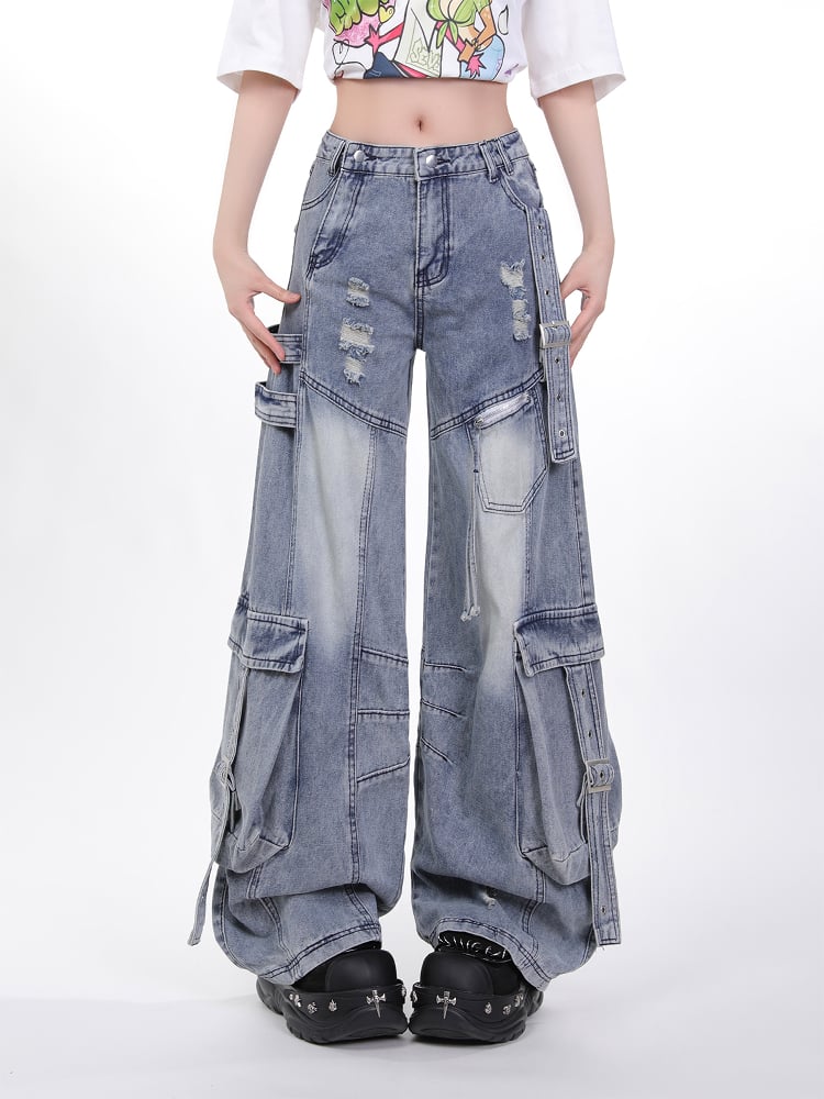 Wash Blue Distressed Cargo Jeans with Adjustable Strap Accents Faded
