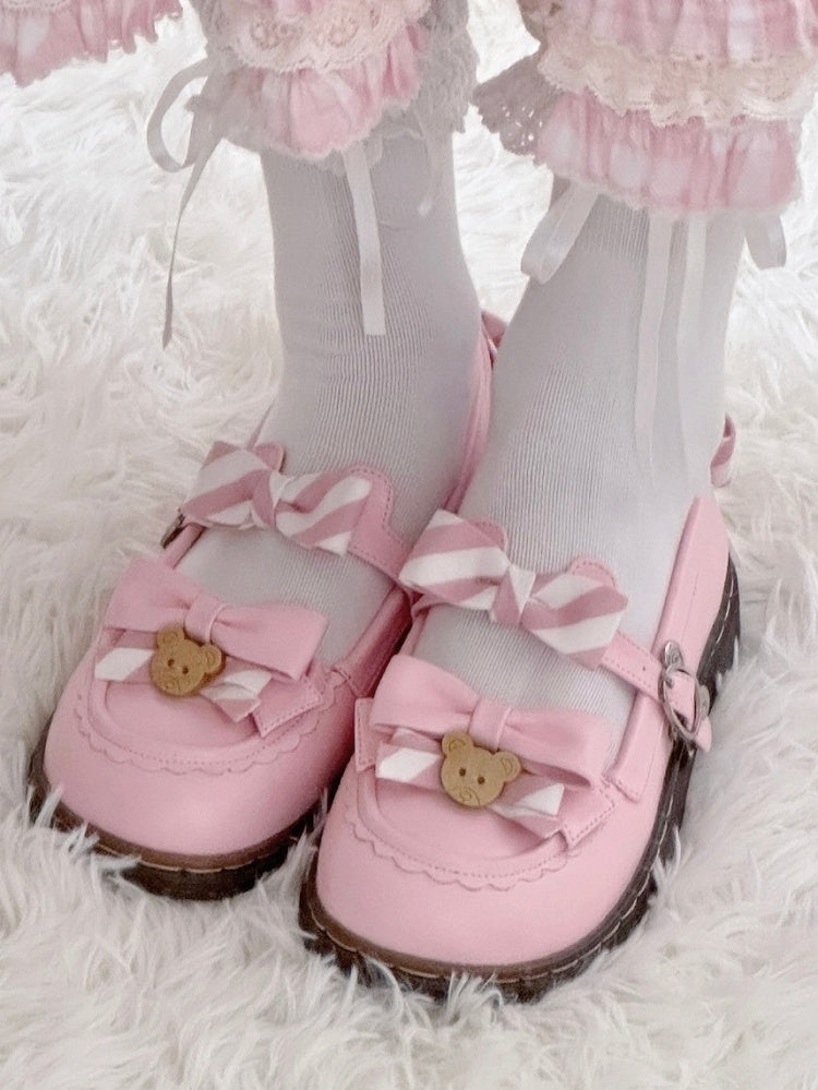 - 2 cm süße, gleichmäßig gestreifte Flats mit rosa Schleife und PU-Lolita-Sohle