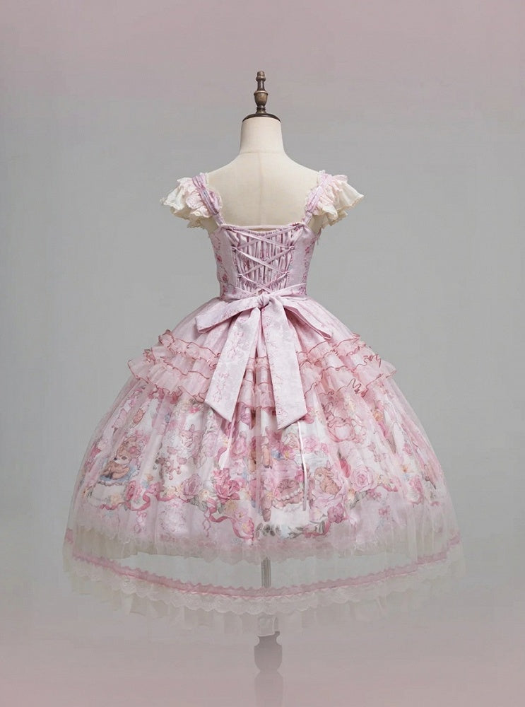 Pink Deer & Floral Print Flutter Sleeves Sweet Lolita JSK Dress with Overlay - Honey Machine