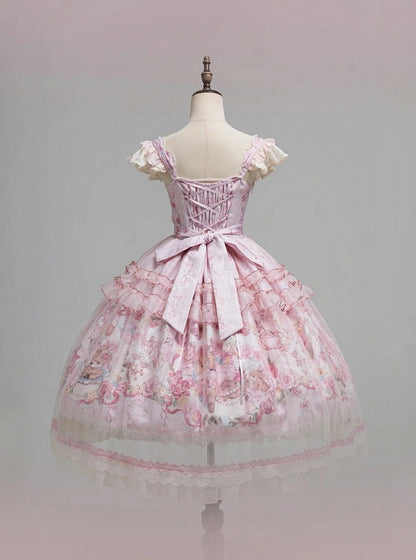 Pink Deer & Floral Print Flutter Sleeves Sweet Lolita JSK Dress with Overlay - Honey Machine