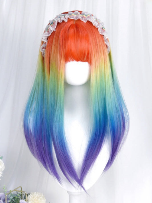 Regenbogenfarbene, glatte Unterbrustperücke mit vollem Pony