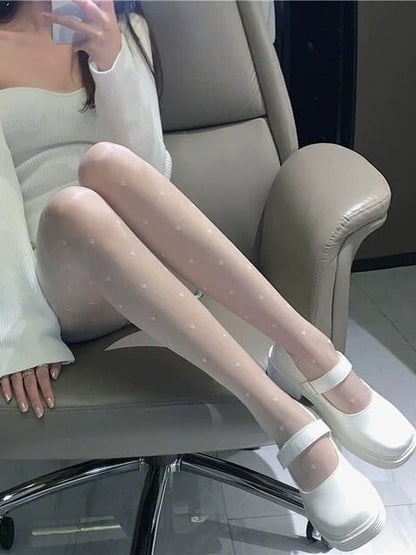 White Fashion tights Heart-shaped Sheer Kawaii Details