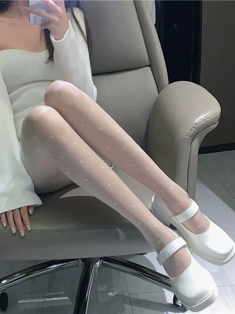 White Fashion tights Heart-shaped Sheer Kawaii Details
