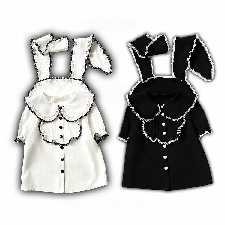 Black/White Bunny Ear Peter Pan Collar Blouse with Lace - Kitty Bxllet