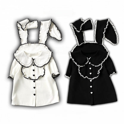 Black/White Bunny Ear Peter Pan Collar Blouse with Lace - Kitty Bxllet