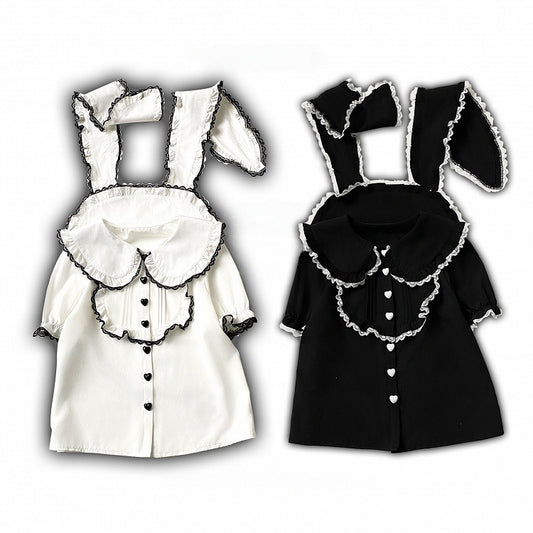 Black/White Bunny Ear Peter Pan Collar Blouse with Lace - Kitty Bxllet