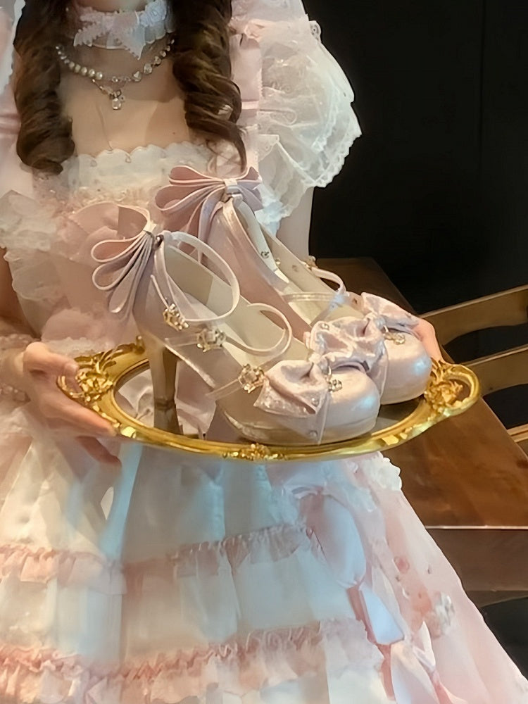 Pink Crown Buckle 8.5cm High Heels with Bowknot and Crystal Accents - Aimee