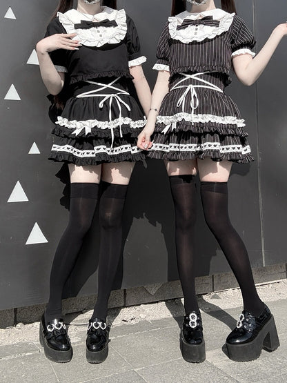 Black & White Striped Peter Pan Collar Set + Tiered Skirt - Bug Starting