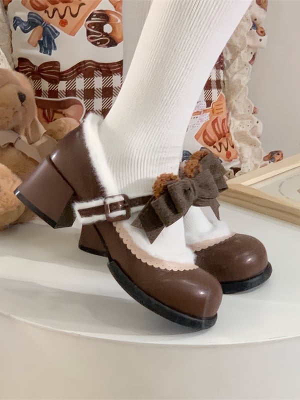 Chocolate Regular/Thicken Scalloped with Version - Sweet Bear-themed Lolita Trim Low/Mid Bow Removable Ornate Heels