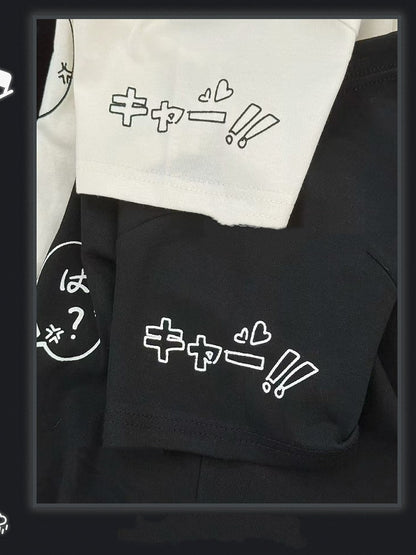 Round Neck with White / Anime Girl Print  Cotton T-Shirt Black