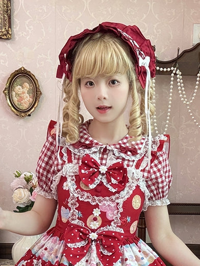 スイートなチェック柄ブラウス（レッド/ピンク）ピーターパンカラー レーストリム ロリータ