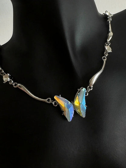 Silver Rhinestone Butterfly Necklace - YSHXS