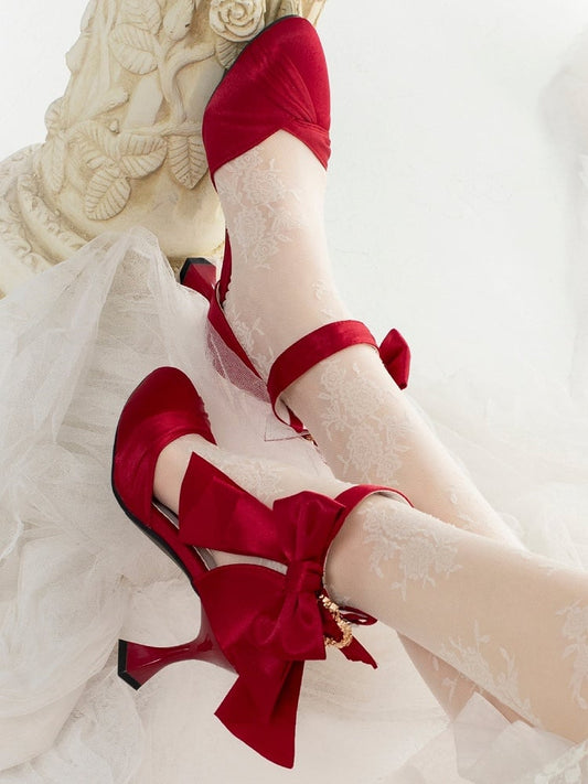 Design Red Classic - Bow Detailing Wine Inspired Sandals Heart Buckle High-heel Lolita