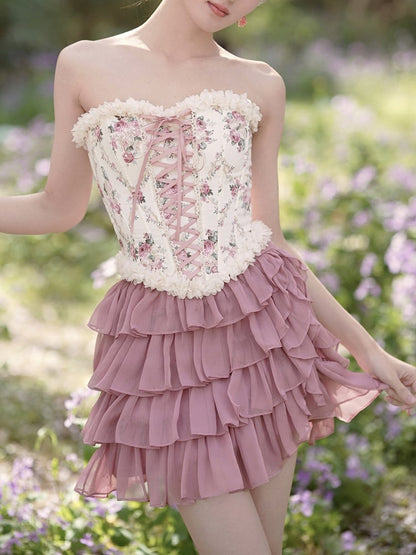 Balletcore-Croset-Oberteil mit Schnürung vorne und hinten und Blumenmuster