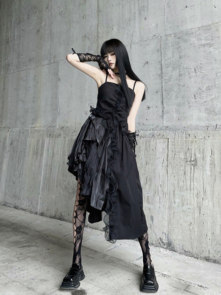 Black Asymmetrical Hem Flounce Trim Glamorous Cami Dress