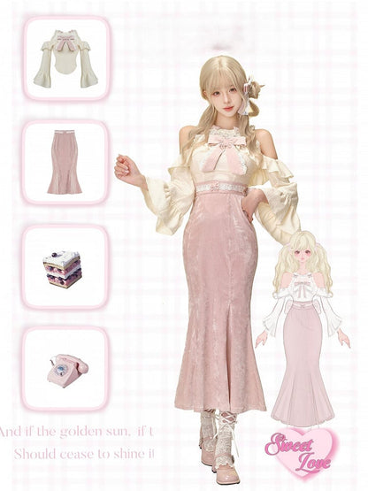 - Length Tea Skirt Pink Mermaid with Bow-Adorned Waistband