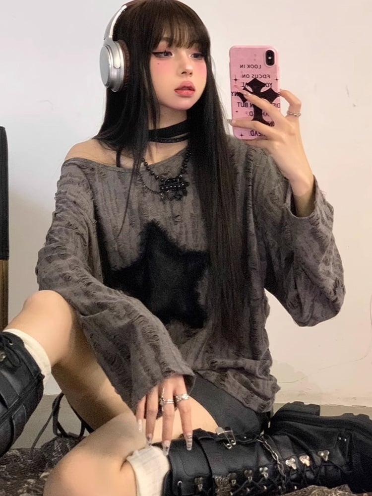 with Hem Distressed Graphic Tie Top Hole Gray Star Off-Shoulder Detail