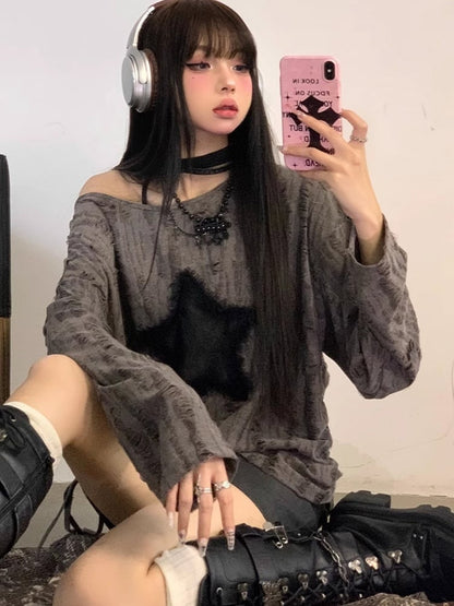 with Hem Distressed Graphic Tie Top Hole Gray Star Off-Shoulder Detail