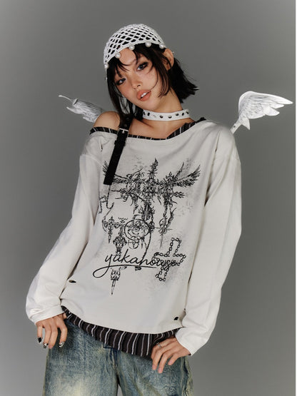 Y2K Apricot Asymmetrical Neckline Buckle Strap Glamorous Graphic Top