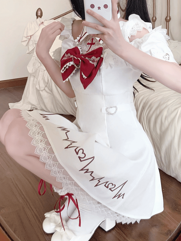 White Print Dress Lace Kawaii and Embroidered Skirt with Red Cross Shoulders Cutout Yami Heartbeat Halter