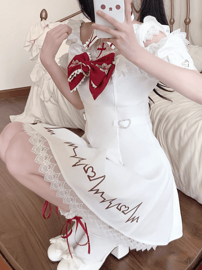 White Print Dress Lace Kawaii and Embroidered Skirt with Red Cross Shoulders Cutout Yami Heartbeat Halter