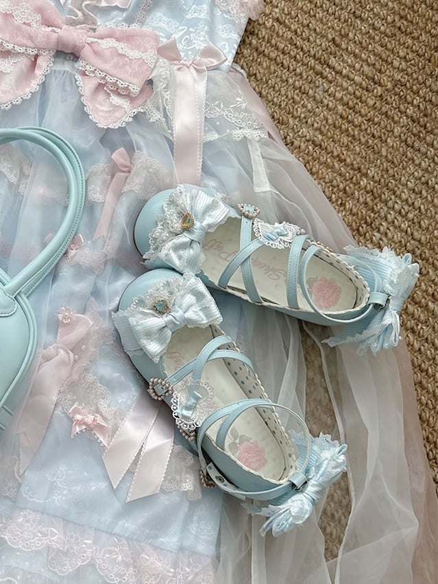 Bowknot-Träger Herz-Block-Design 5CM Heels Kreuzmuster Süße Schnalle Details Schuhe Lolita Blau