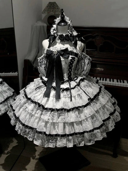 Elegant Hanayome-Style Black & White Porcelain-Inspired 92CM-Length Lolita Princess Dress - Sleepless Star