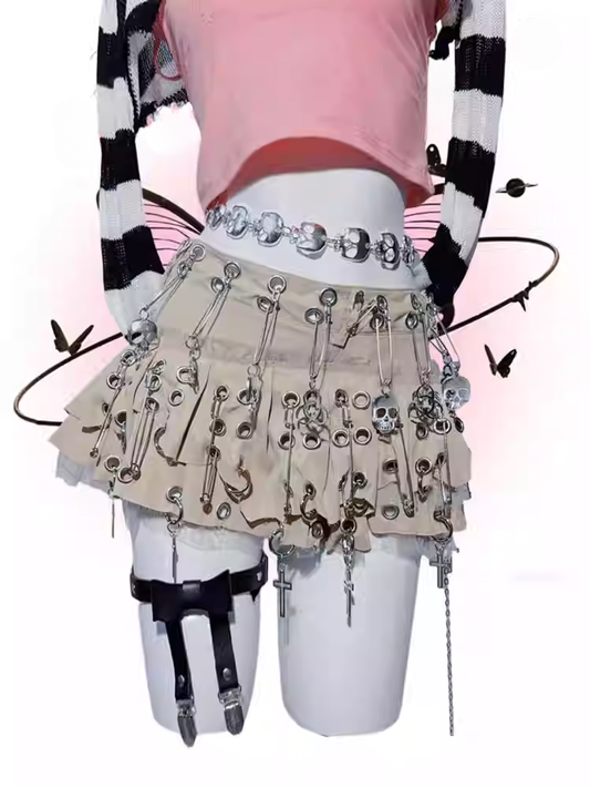 パンクカーキアシンメトリーヘムピンスケルトンクロススカート