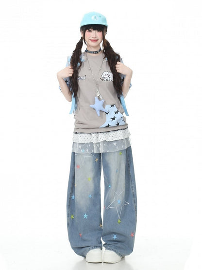 Gray Star Pattern Short Sleeve Top with Kitty Embroidery - Languid Park