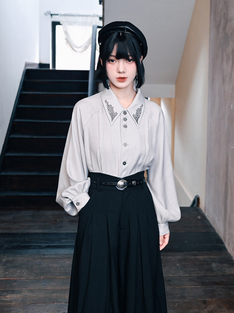 Shirt with Embroidery Light Bronze Gothic Sleeves Bishop Cheongsam Gray
