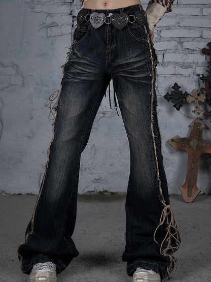 Fishtail Punk Schnürdetail Wasteland Dark Jeans Saum Raw Blue