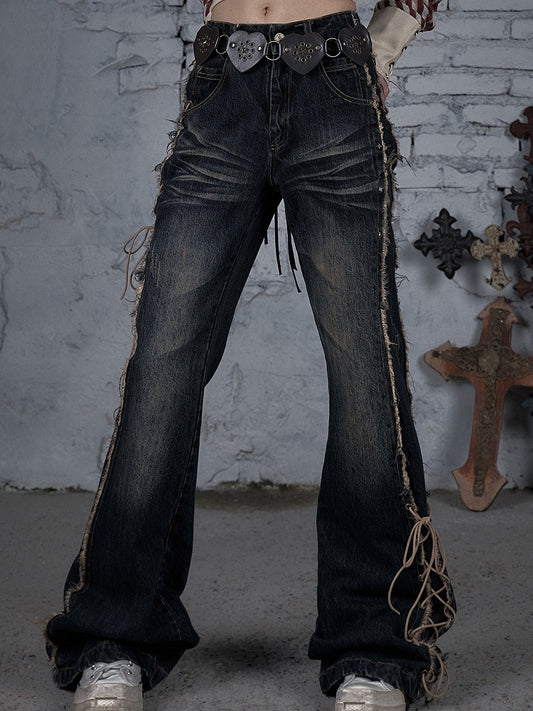 Fishtail Punk Schnürdetail Wasteland Dark Jeans Saum Raw Blue
