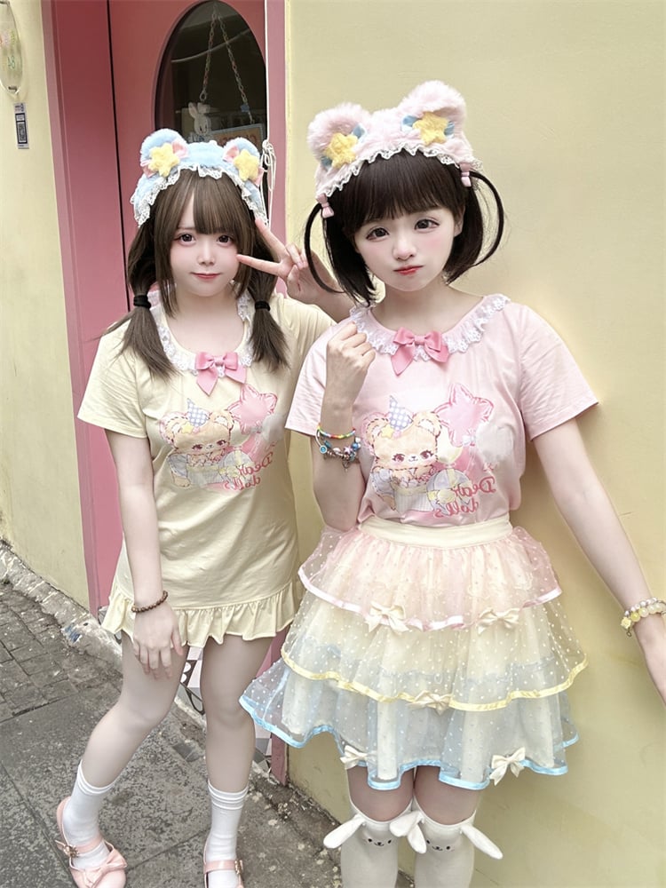 Adorable Teddy Bear Print Bowknot Ruffled Dress Neckline Embellished Pink/Yellow Mini