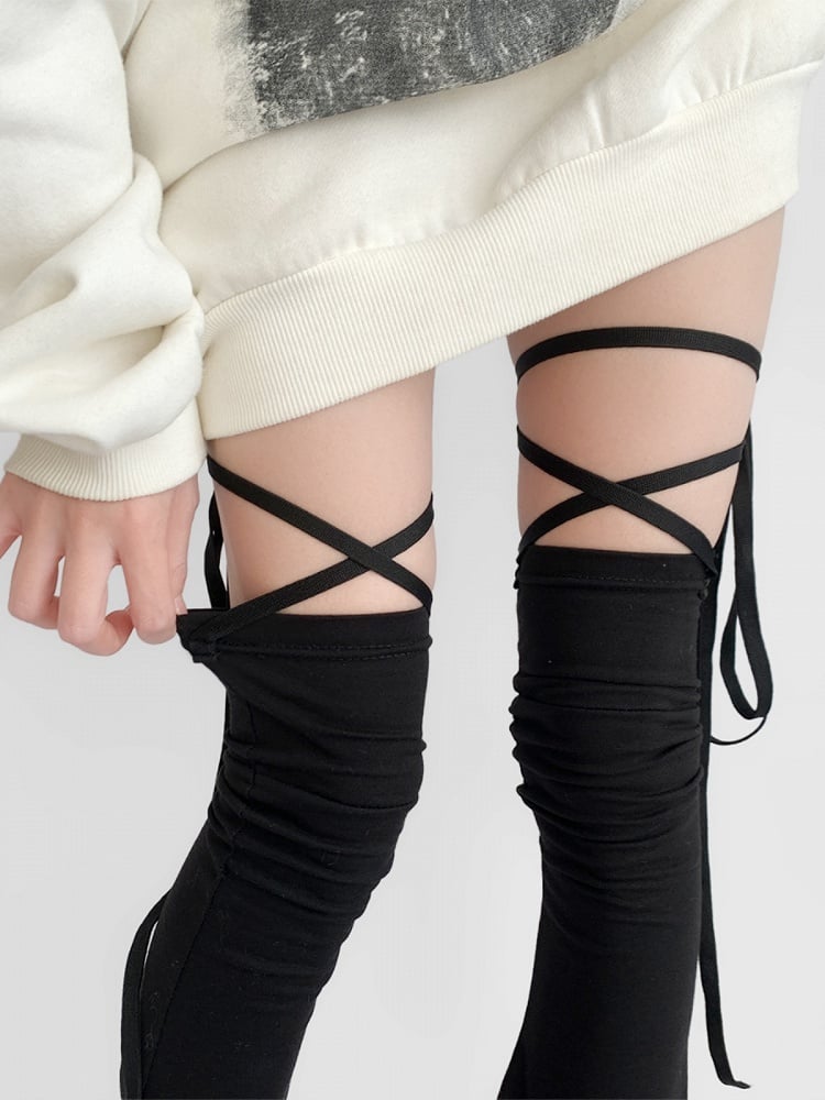 Flared Black Strap Design Warmers Leg