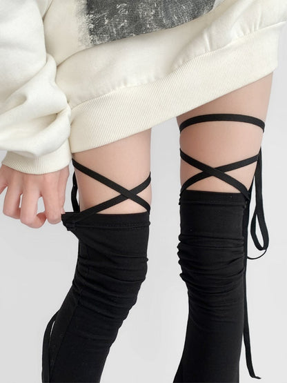 Flared Black Strap Design Warmers Leg