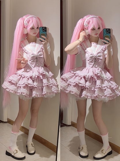 Accents Tiered Skirt Sweet Pink Overalls Flutter Sleeves Bow Lolita Dress Light