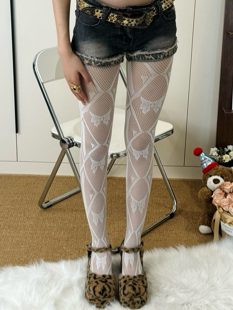 Details Butterfly Gyaru Tights Diamond Pattern White/Black Fashion