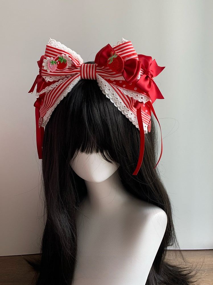 Theme Red Lolita KC Hairband Oversized Stand-Up Strawberry Striped Bowknot / Sweet